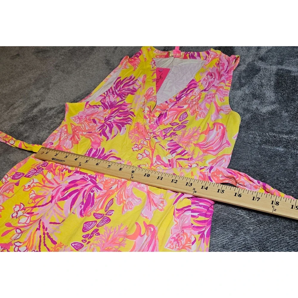 Lilly Pulitzer Folly Floral Wrap Dress Calla Yellow Floral Coral Sleeveless Sz L - Picture 10 of 12